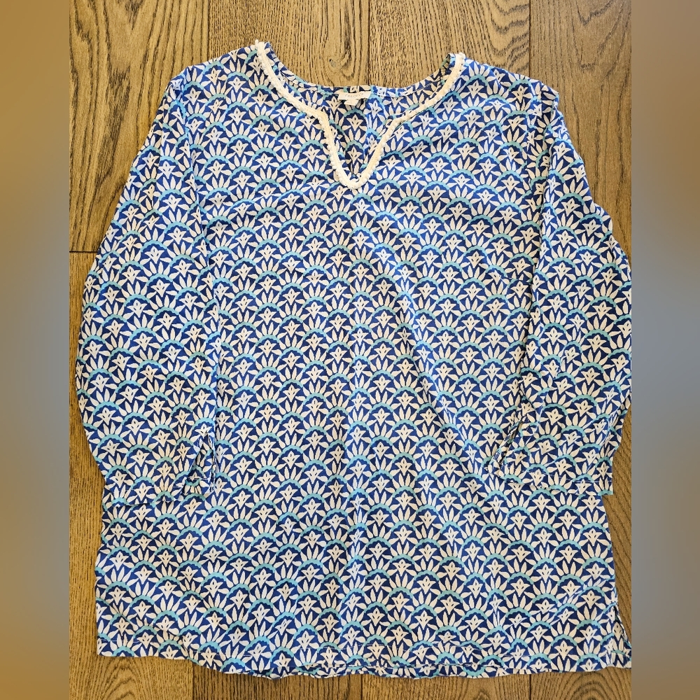 Talbots Popover Tunic V-Neck Sz L White Blue